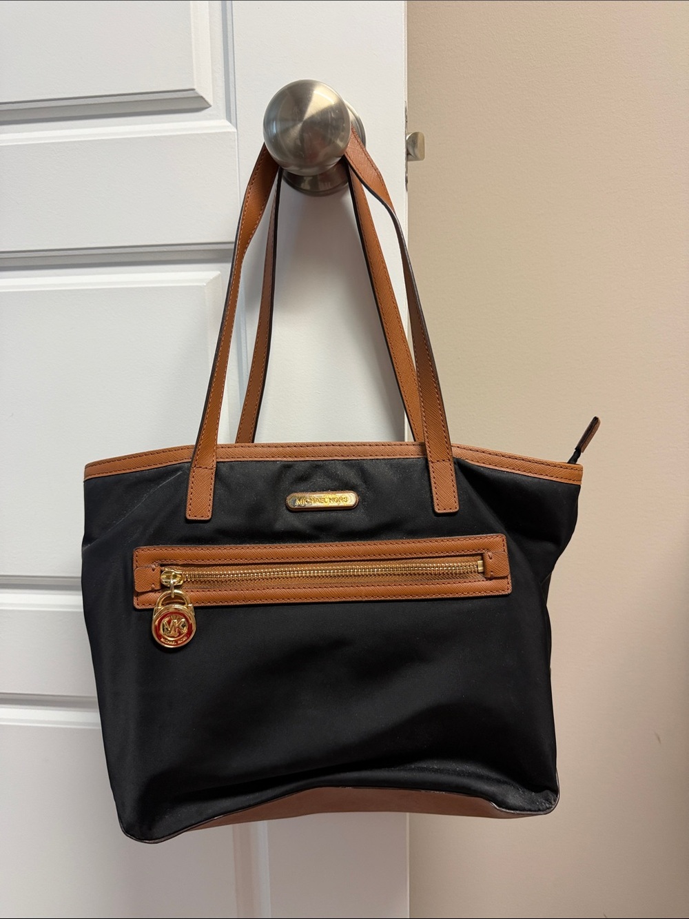 MICHAEL Michael Kors Black Nylon Tote with Brown Leather Trim